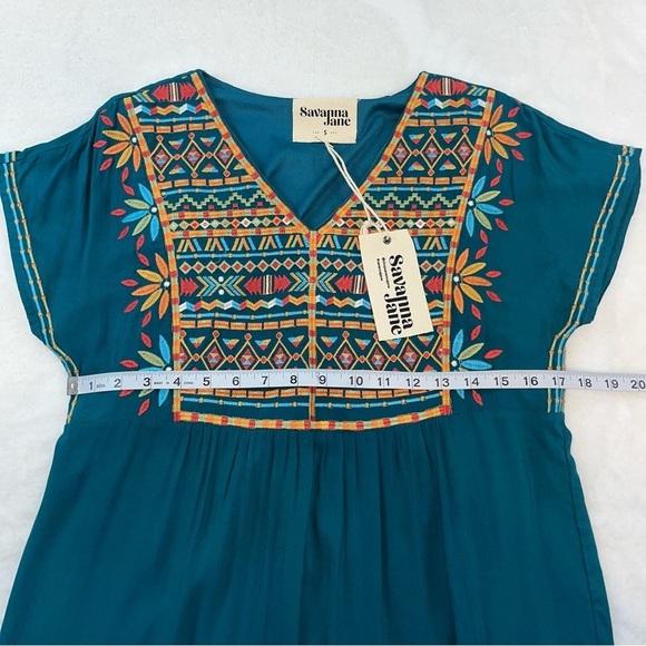 NWT Savannah Jane Embroidered V Neck Dress Teal Midi Lined Boho Womans SM - Picture 9 of 10